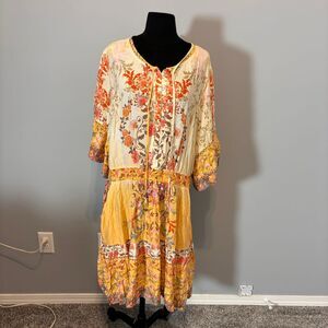 CITY‎ CHIC Bohemian Floral Print Peasant Dress Yellow Summer Boho Button Front